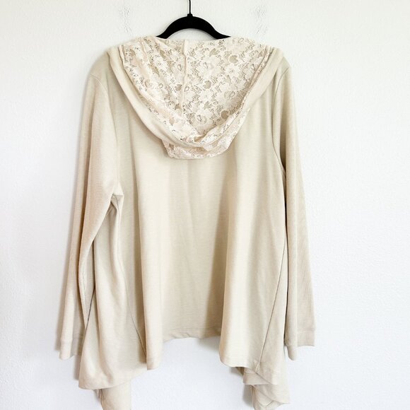 Logo Lori Goldstein Cardigan XL Tan Hoodie Open Front Lace Hood - Picture 7 of 11